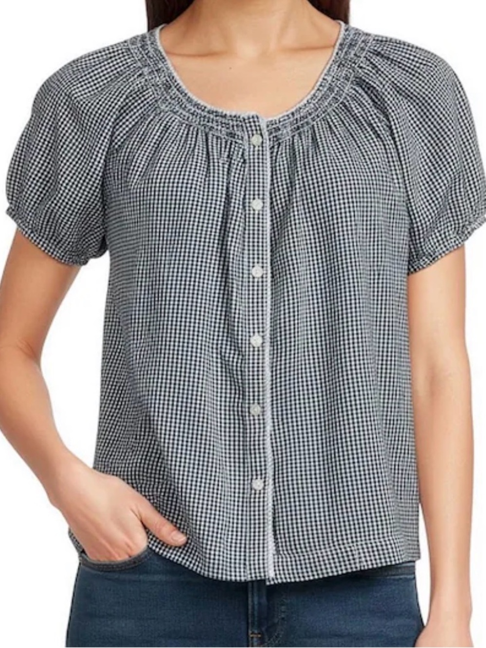 Lucky Brand Blue Gingham Peasant Top - Picture 2 of 5